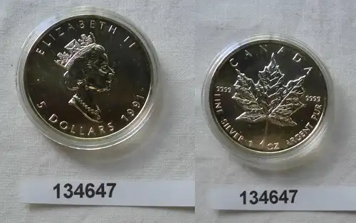5 Dollar Silber Münze Canada Kanada Maple Leaf 1991 Stempelglanz (134647)