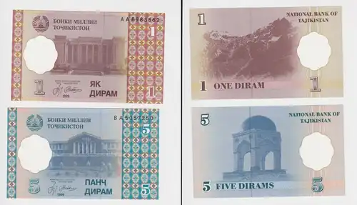 1 und 5 Diram Banknote Tajikistan Tadschikistan 1999 (153336)