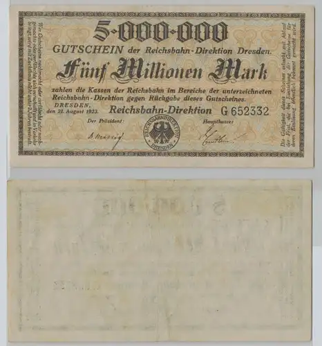 5 Millionen Mark Banknote Reichsbahn Direktion Dresden 21.8.1923 (143355)