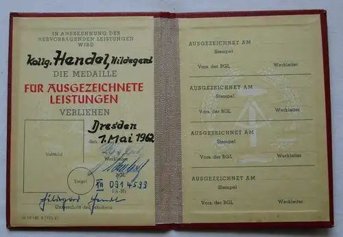 DDR Urkunde Medaille Für ausgezeichnete Leistungen 1962 Dresden (101757)