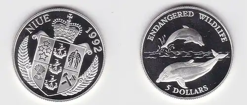5 Dollar Silber Münze Niue 1992 bedrohte Tierwelt 2 Delphine (117310)