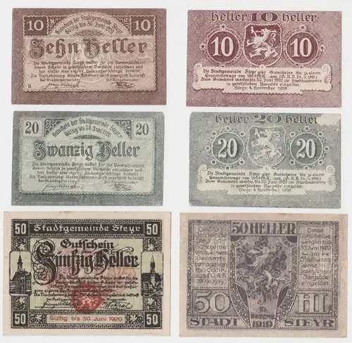 10, 20 und 50 Heller Banknoten Notgeld Stadtgemeinde Steyr 1920 (154792)