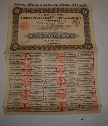 100 Franc Aktie Terres Réfractaires, Grés & Kaolins du Finistère 1923 (127445)