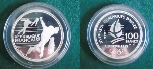 100 Franc Silbermünze Frankreich Olympia 1992 Albertville Eisschnellauf (125761)