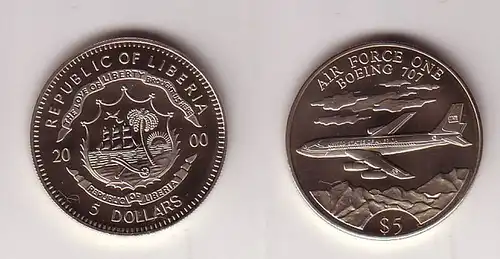 5 Dollar Nickel Münze Liberia 2000 Flugzeug Air Force One Boing 707 (105480)