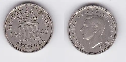 6 Pence Silber Münze Großbritannien 1942 Georg VI. (118633)
