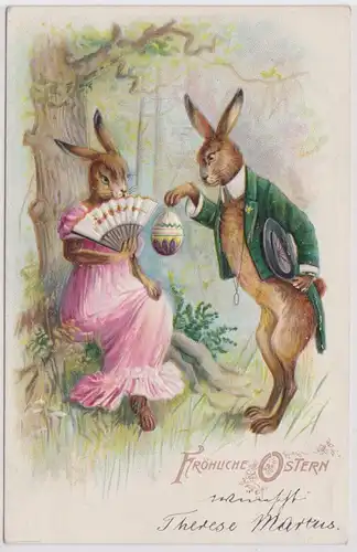 37078 Präge AK Fröhliche Ostern Hase schenkt Hasendame ein Osterei 1907
