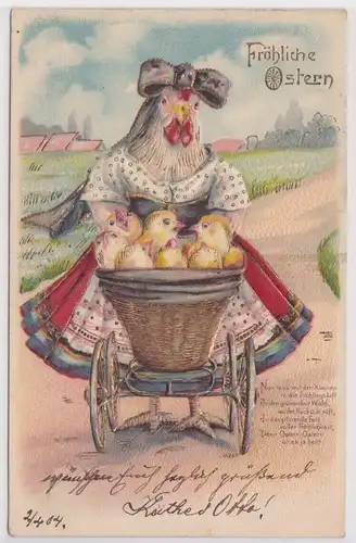 87494 Präge AK Fröhliche Ostern Huhn mit Kinderwagen voll Küken 1904