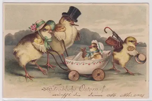 33974 Präge AK Fröhliche Ostern Kükenfamilie beim Ausflug mit Kinderwagen 1910