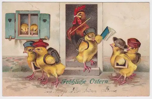 78060 Präge AK Fröhliche Ostern Küken kommen aus der Schule 1909