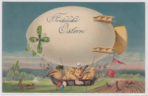 15504 Präge AK Fröhliche Ostern Küken fliegen mit Zeppelin Luftschiff 1911