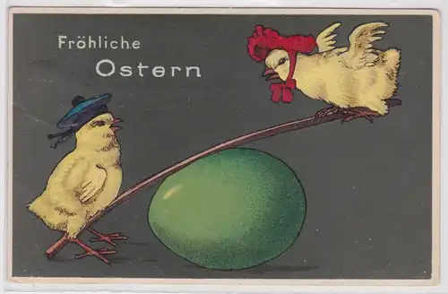 51897 Präge AK Fröhliche Ostern 2 Kücken wippen auf Osterei 1909