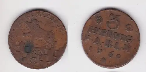 Kupfer Münze 3 Pfennig Anhalt-Bernburg 1760 s/ss (162779)