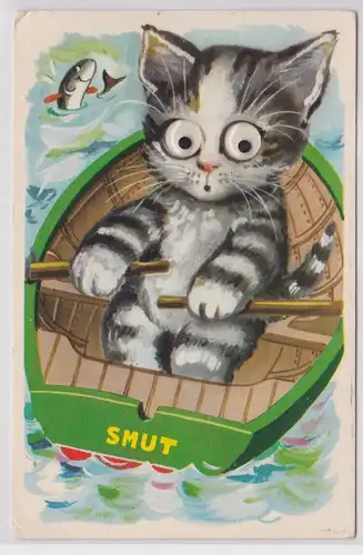 45087 Mechanische Ak Katze "Smut" im Ruderboot um 1960