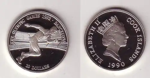 10 Dollar Silbermünze Cook Inseln 1990 Olympia Barcelona 1992 Läufer (116451)