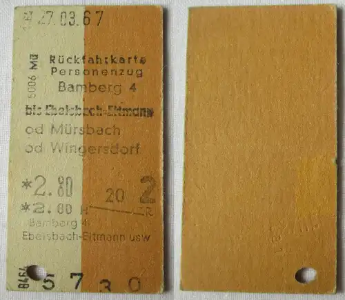Fahrkarte Rückfahrkarte Bamberg Ebelsbach Eltmann 27.03.1967 (143442)
