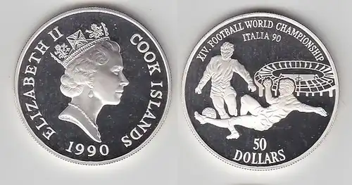 50 Dollar Silbermünze Cook Inseln 1990 Fussball WM Italien 2 Fussballer (116531)