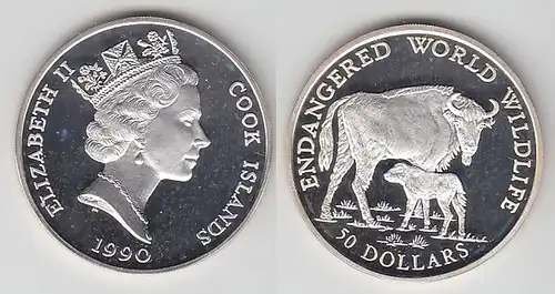 50 Dollar Silbermünze Cook Inseln 1990 bedrohte Tierwelt Wisent (116881)