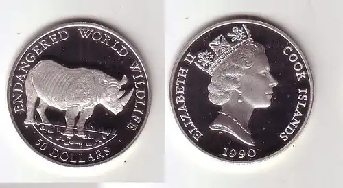 50 Dollar Silbermünze Cook Inseln 1990 bedrohte Tierwelt Spitzmaulnashorn 116876