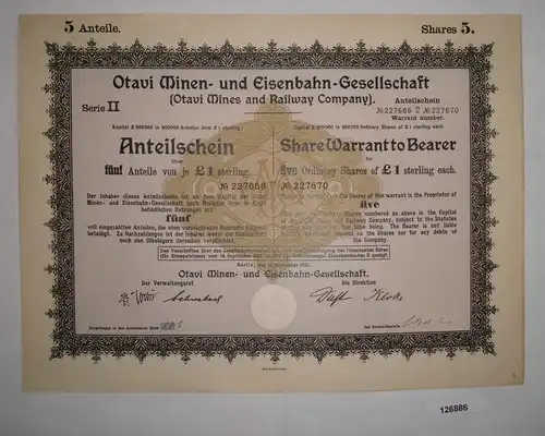 1 Pfund 10 Aktien Otavi Minen-& Eisenbahn-Gesellschaft Berlin 12.9.1921 (126886)