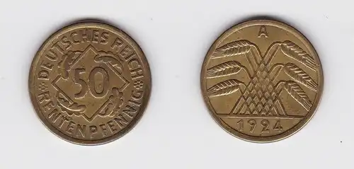 50 Rentenpfennig Messing Münze Weimarer Republik 1924 A Jäger 310 (134827)