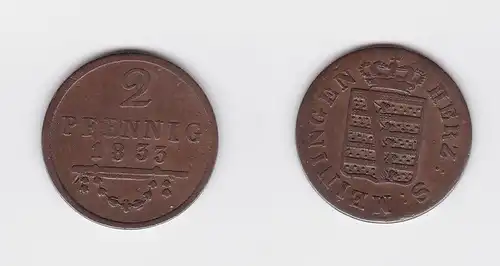 2 Pfennige Kupfer Münze Sachsen Meiningen 1833 (118676)