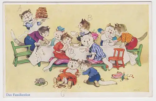 44307 Humor Ak "Das Familienfest" Katzenfamilie am Kaffeetisch 1940