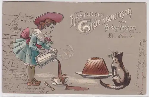 34721 Herzliche Geburtstagsgrüße Präge Ak Kind schenkt Katze Kakao ein 1905