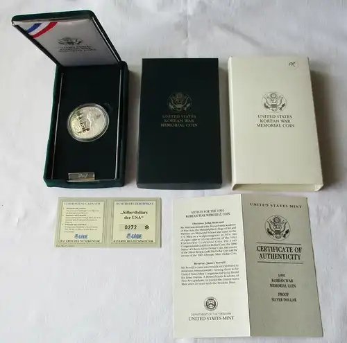 1 Dollar Silber Münze USA 1991 Erinnerung Korea Krieg im Original Etui (143457)