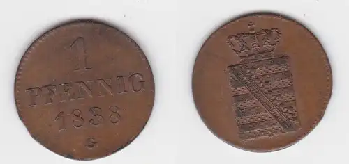 1 Pfennig Kupfer Münze Sachsen 1838 G f.vz (143348)