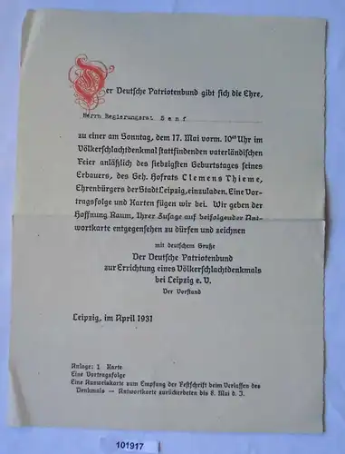 Einladung Regierungsrat Senf zum Deutschen Patriotenbundes Leipzig 1931 (101917)