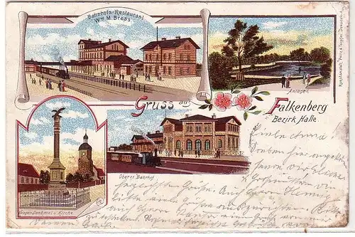 60342 Ak Gruß aus Falkenberg Bez. Halle - Oberer Bahnhof, Denkmal usw. 1902