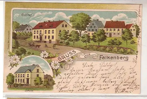 36678 Lithographie Ak Gruß aus Falkenberg Gasthof und Schule 1908