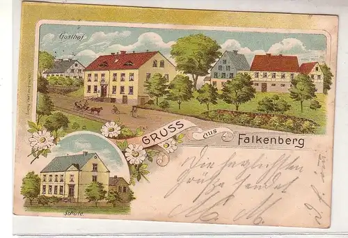 18414 AK Lithographie Gruß aus Falkenberg Gasthof und Schule 1908