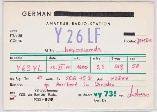 07485 QSL Karte Funker Funkamateur DDR Hoyerswerda 1990