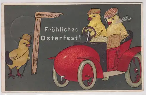 900822 Präge AK Fröhliche Ostern Kükenpaar mit Ostereier Automobil 1908