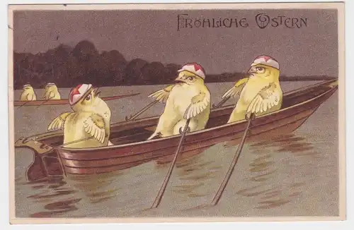 95863 Präge AK Fröhliche Ostern Küken im Ruderboot bei Regatta 1913