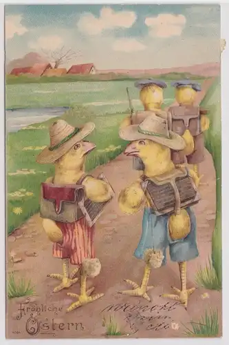 77697 Präge AK Fröhliche Ostern 4 Küken mit Ranzen auf dem Weg zur Schule 1907