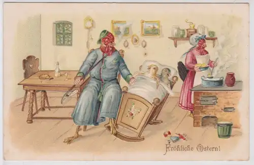 88398 Präge AK Fröhliche Ostern Hühnerfamilie in Küche am Herd um 1900