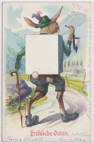 77273 Präge AK Fröhliche Ostern Osterhase wandert mit Hut, Pfeife und Stock 1906