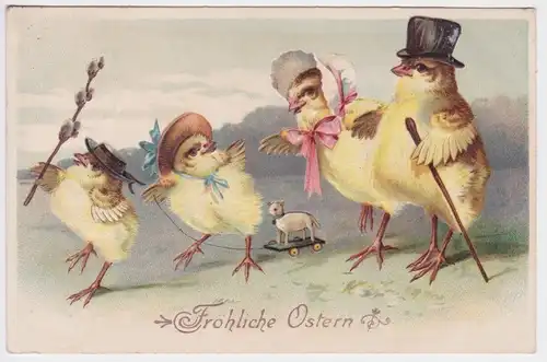 89884 Präge AK Fröhliche Ostern Kükenfamilie beim Spaziergang 1919