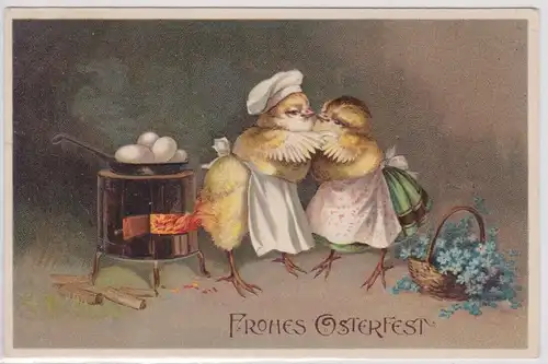 90996 Präge AK Fröhliche Ostern 2 Küken in Küche mit Pfanne voll Eier 1912