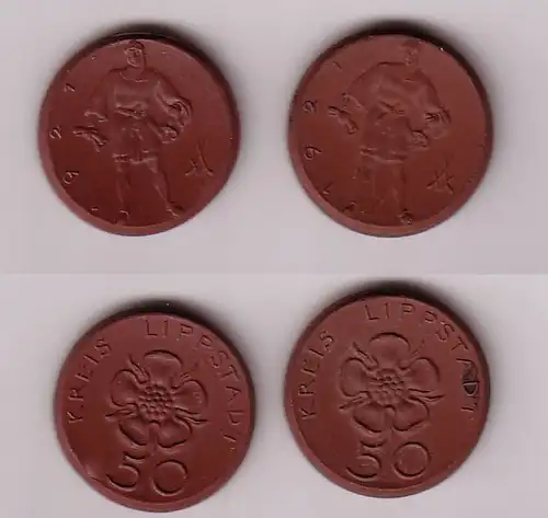 2 x 50 Pfennig Porzellan Münzen Kreis Lippstadt 1921 (115630)