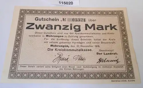 20 Mark Banknote Notgeld Kreis Mohrungen 10.November 1918 (115020)