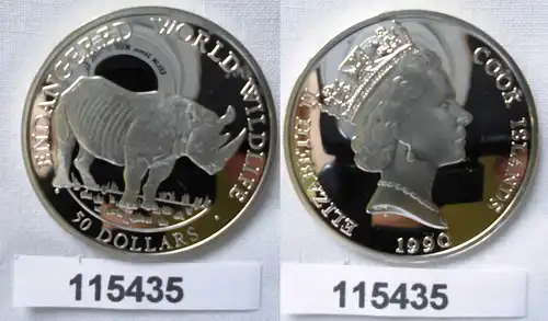 50 Dollar Silbermünze Cook Inseln 1990 bedrohte Tierwelt Spitzmaulnashorn 115435