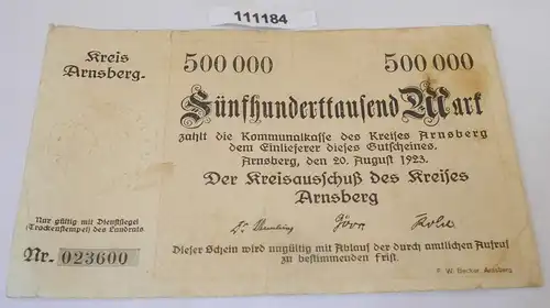 500000 Mark Banknote Inflation Kreis Arnsberg 20.August 1923 (111184)