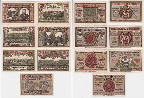 3 x 50, 4 x 75 Pfennig Banknoten Notgeld Stadt Lennep 15.7.1921 OVP (133513)