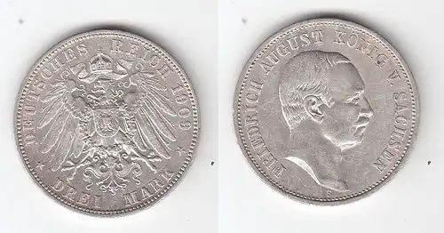 3 Mark Silbermünze Sachsen König Friedrich August 1909 Jäger 135 (114911)