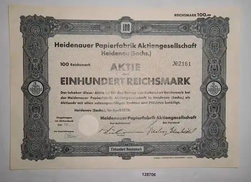 100 Reichsmark Aktie Heidenauer Papierfabrik AG April 1938 (128706)