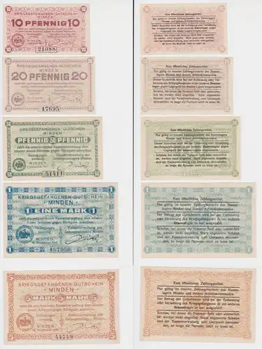 5 Banknoten 10 Pf. bis 5 Mark Kriegsgefangenengeld Minden 1.Weltkrieg (132454)